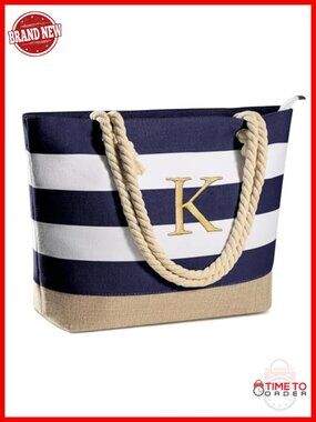 Initial Canvas Waterproof Beach Tote Bag Zipper Personalized Gift for Women